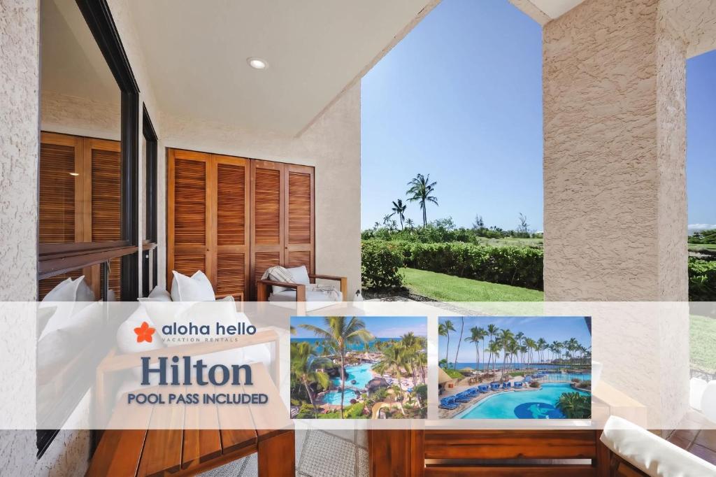 a sign for a hotel room with a view of a resort at New Sunset Villa Ocean Side Lanai Pool Kings in Waikoloa