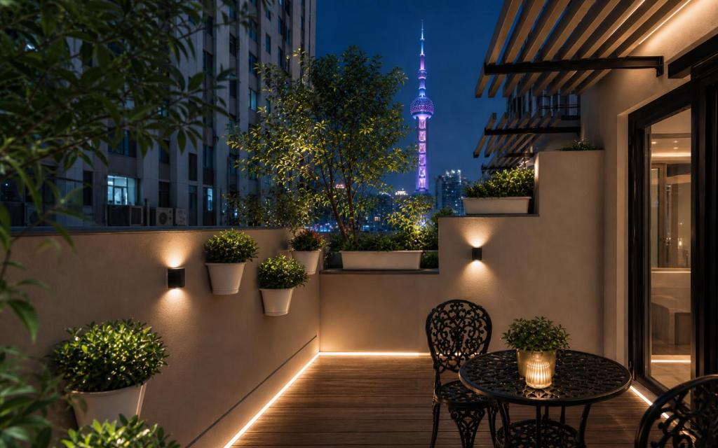 a balcony with a table and chairs and the eiffel tower at Atour on the Bund in Shanghai