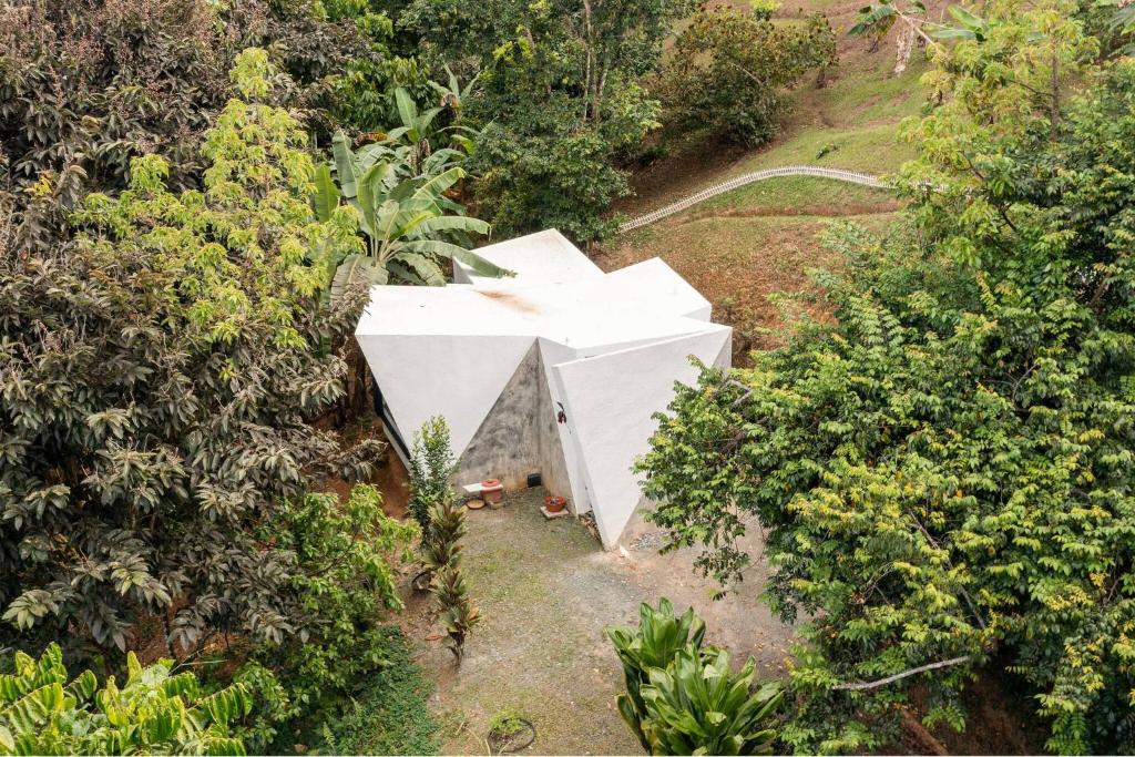 an overhead view of a white building in a forest at Farm Suite San Pedrito in Naranjito
