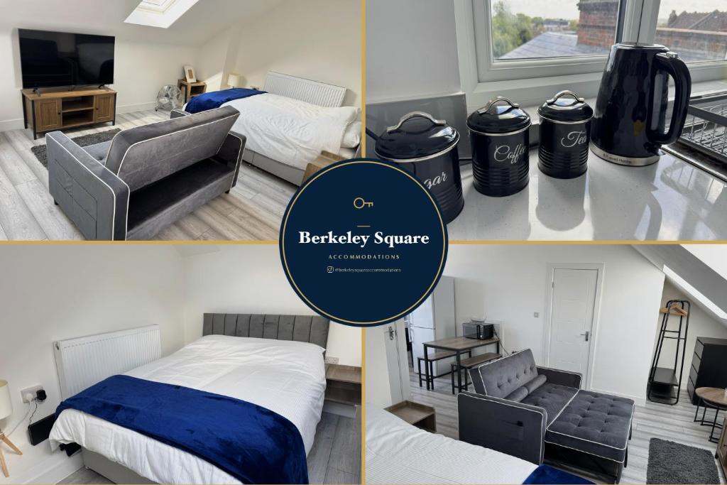 a collage of four pictures of a bedroom at New Top Floor Studio Sleeps 3 Very Spacious in Finchley