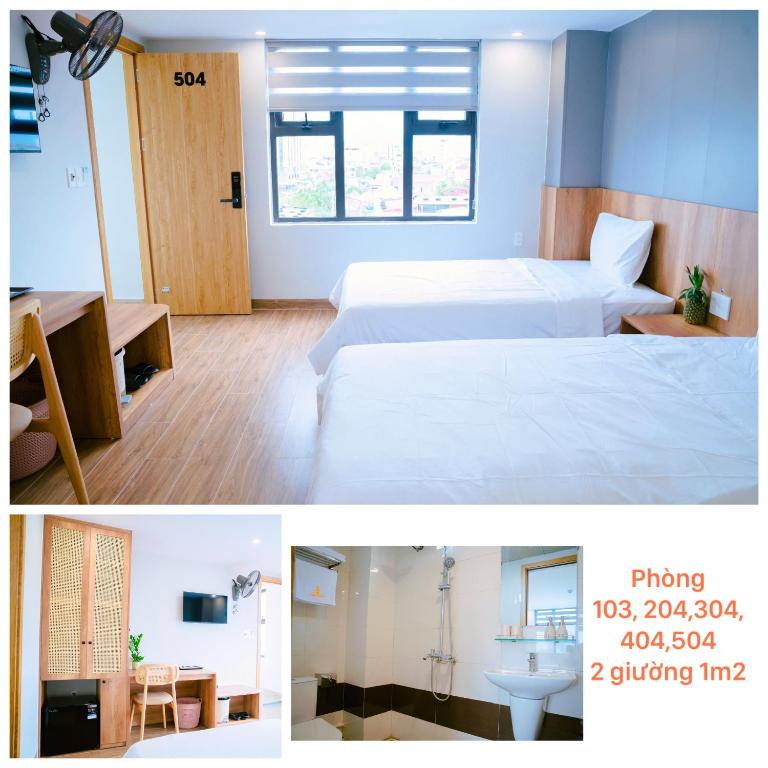 a hotel room with two beds and a bathroom at NGỌN HẢI ĐĂNG Hotel in Dong Hoi