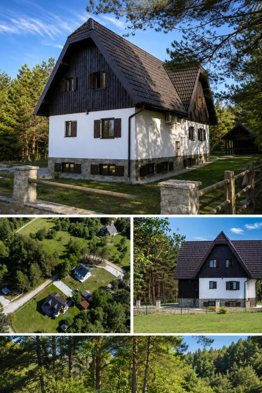 a collage of three pictures of a house at Timber valley in Plitvička Jezera