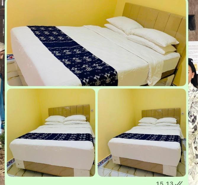 three pictures of a bed in a room at Amita Homestay in Tambolaka Airport