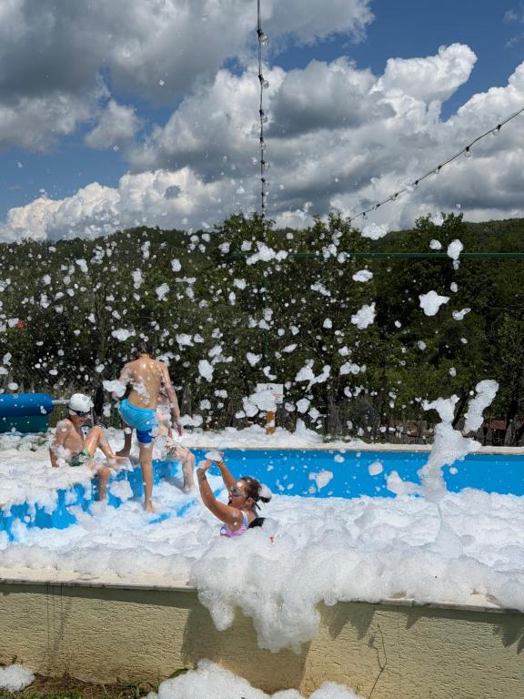 a group of people playing in a fake snow covered pool at Domeniul Bondarelului in Ocolişu Mic