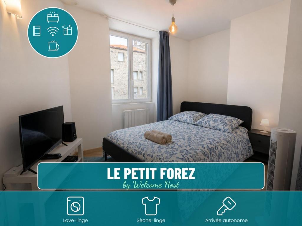 a small bedroom with a bed and a tv at Le Petit Forez, Cosy et Authentique in Saint-Bonnet-le-Château