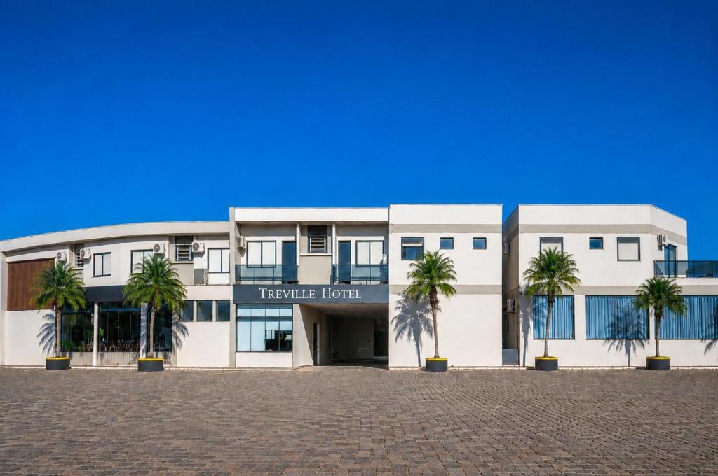 a building with palm trees in front of it at Treville Hotel in Caràzinho