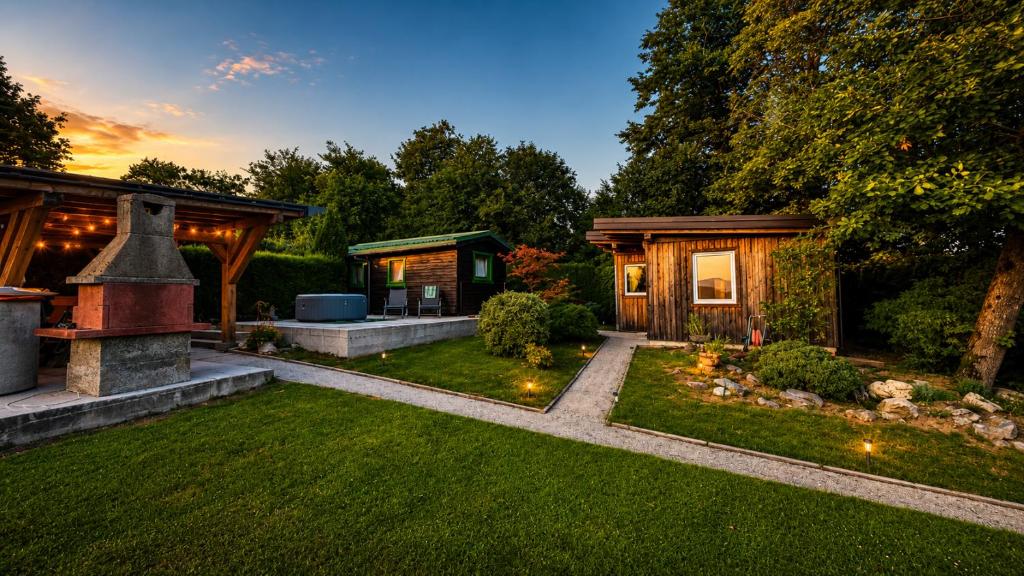 a garden with a fireplace and a house at Hiška Miru Peace Cabin in Mozirje