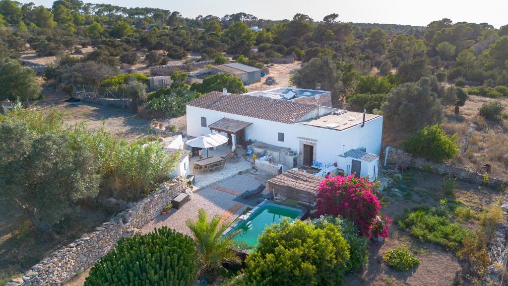 an aerial view of a house with a swimming pool at Can Vicent Corda in Sant Francesc Xavier