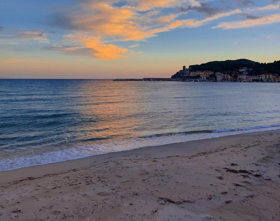 a beach with the ocean and a city in the background at Appartamento Losanna in Campo nell'Elba