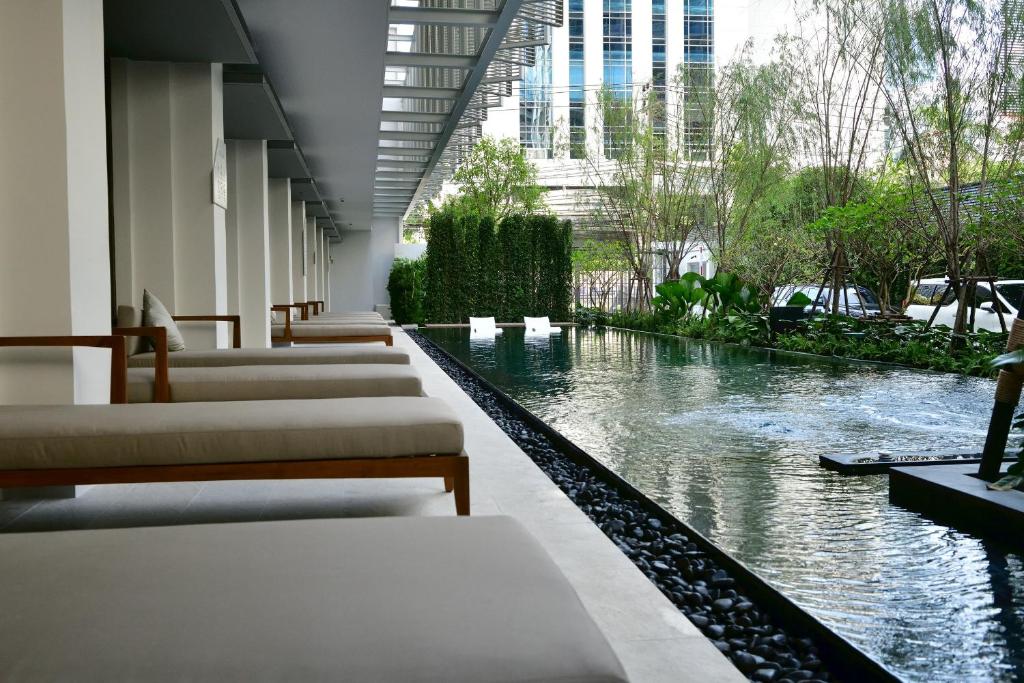 A narrow landscaped pool lined with padded loungers.