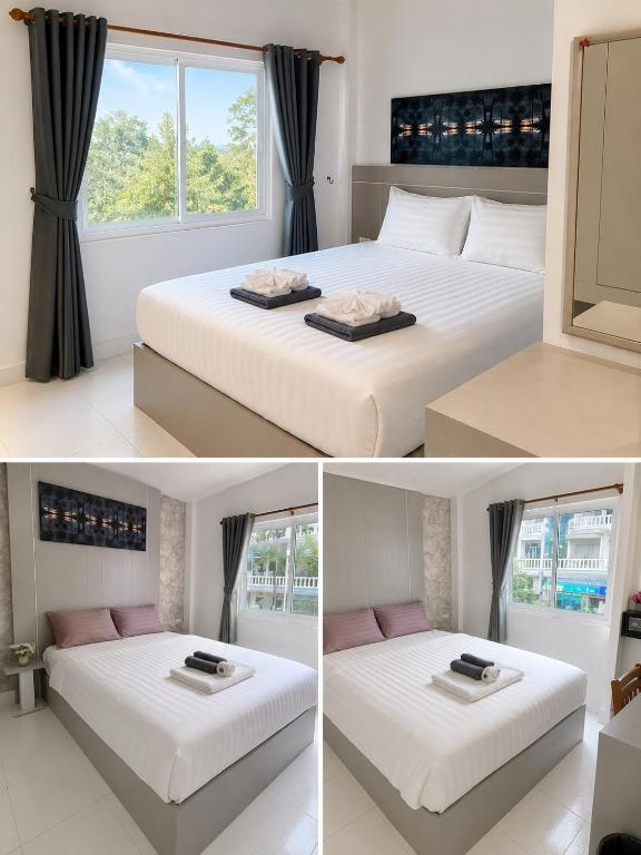 three different views of a bedroom with two beds at SET INN restaurant & bar 1 & 2 in Kata Beach