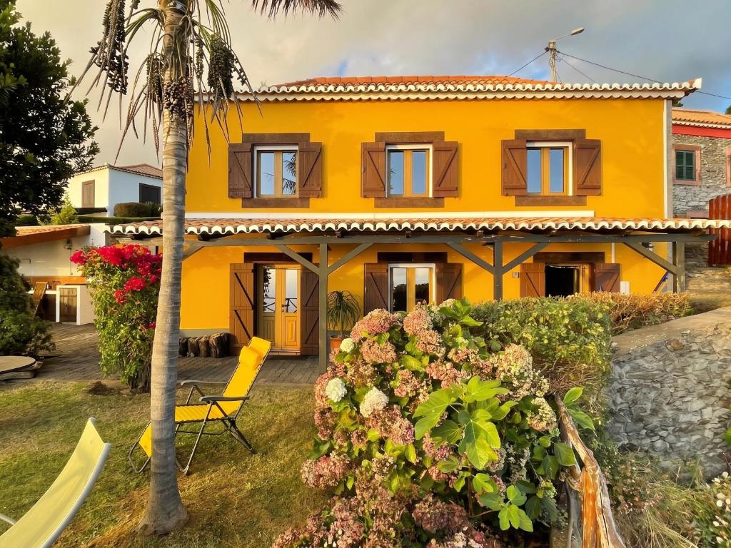 a yellow house with a palm tree and a chair at Sea-view house in Fajã da Ovelha with garden and terrace in Fajã da Ovelha