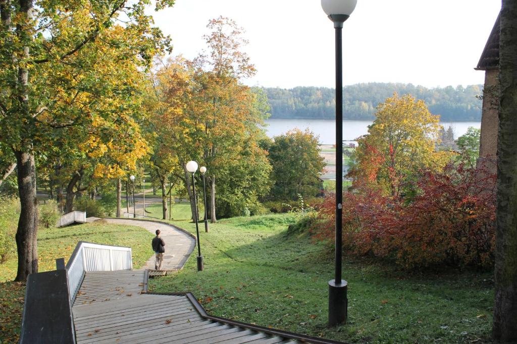 a man walking in a park next to a street light at Trepimäe Guest Apartment in Viljandi