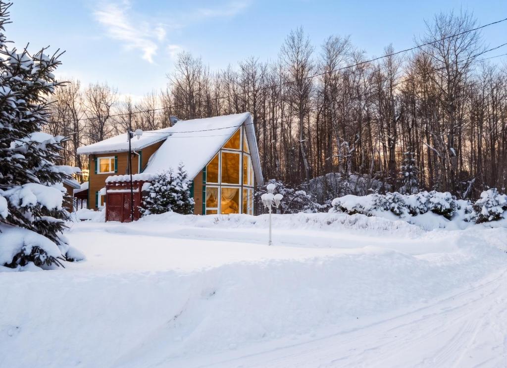 a house covered in snow in front of a forest at Cosy lakeside chalet in Mashteuiatsh with jacuzzi in Mashteuiatsh