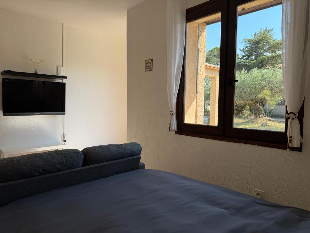 a bedroom with a bed and a tv and a window at Studio cosy tout confort proche ARKEMA in Château-Arnoux-Saint-Auban