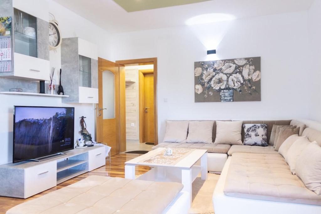 a living room with a couch and a tv at Sunny oasis in Marčelji