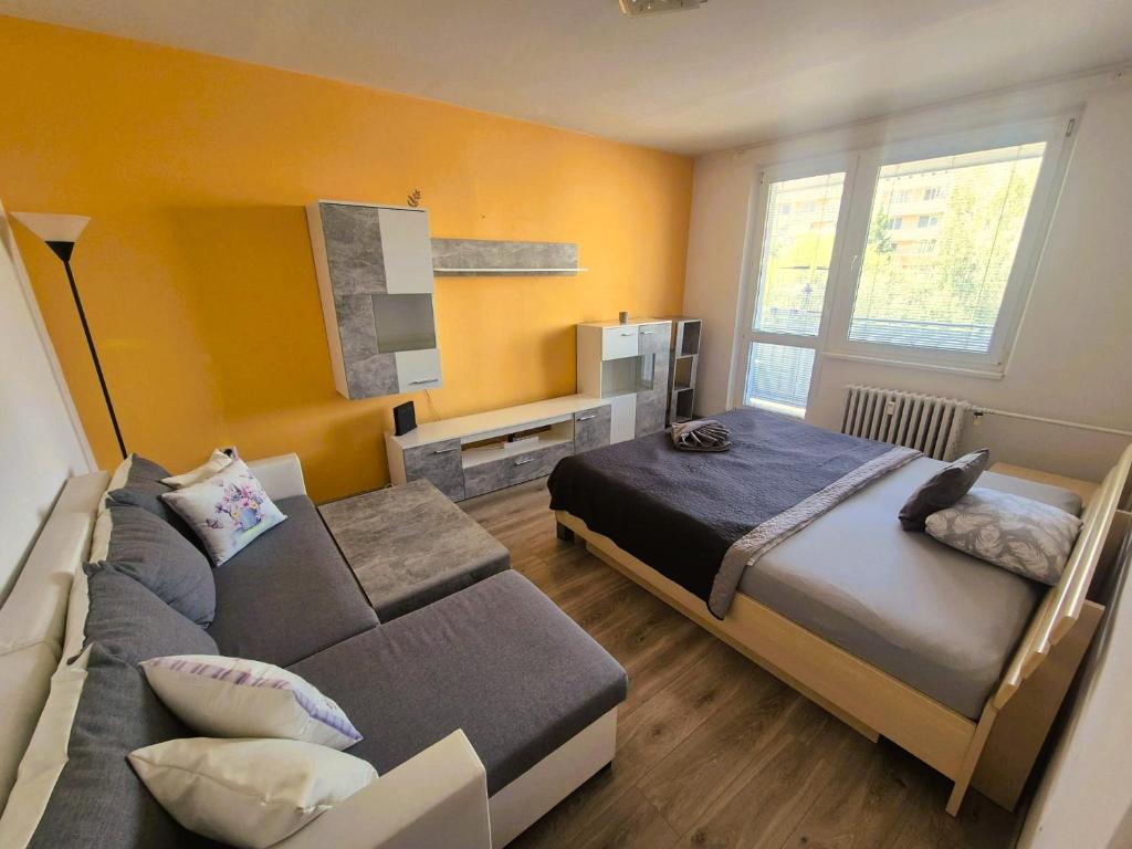 a bedroom with a bed and a couch in it at Cozy apartment - Excellent location in Piešťany