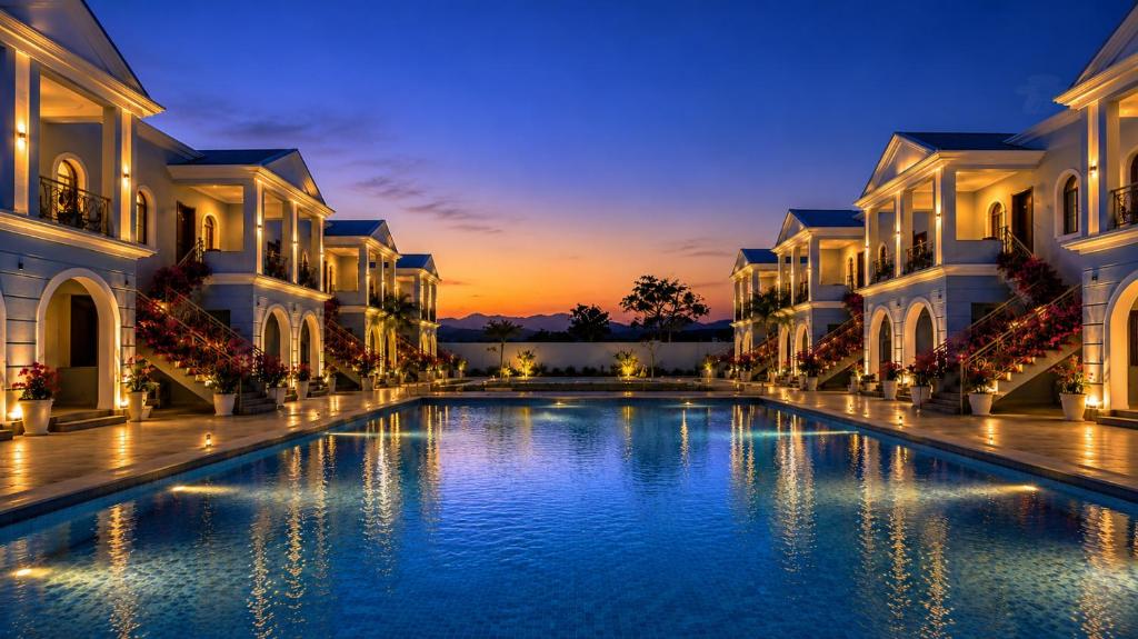 a swimming pool in the middle of a building at Red Tullip Md Valley Resort & Spa - Luxury Resort With Swimming Pool, Udaipur in Udaipur