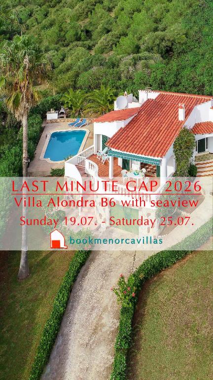 an aerial view of a house with a swimming pool at Villa Alondra B6 by BookMenorcaVillas in Santo Tomás