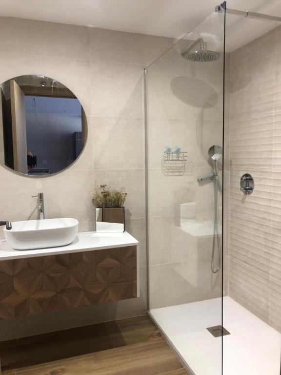 a bathroom with a sink and a shower at El Balcón de La Vega in Vinuesa