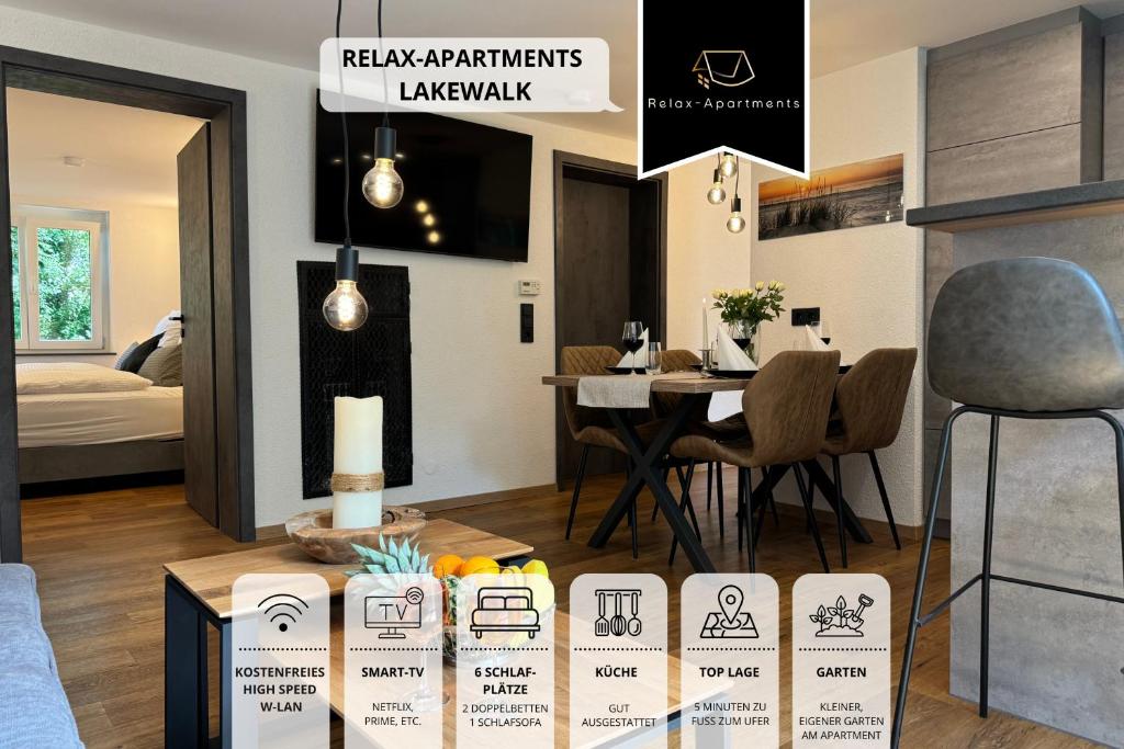 a living room with a table and a dining room at Relax Apartment Lakewalk in Friedrichshafen