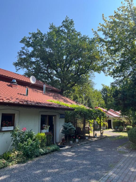 a house with a red roof and a driveway at Noclegi Pod Dębem u Jakuba in Niepołomice