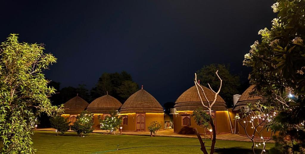 a row of houses with domed roofs at night at Urban Dhani in Gurgaon