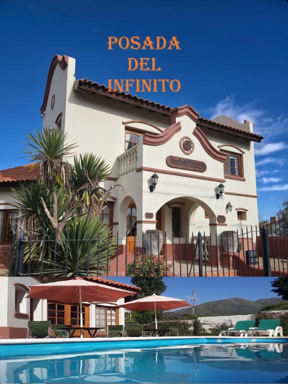 a hotel with a pool in front of a building at Posada del Infinito in Capilla del Monte