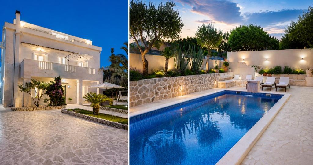 two pictures of a house and a swimming pool at Villa Bella with pool in Novalja