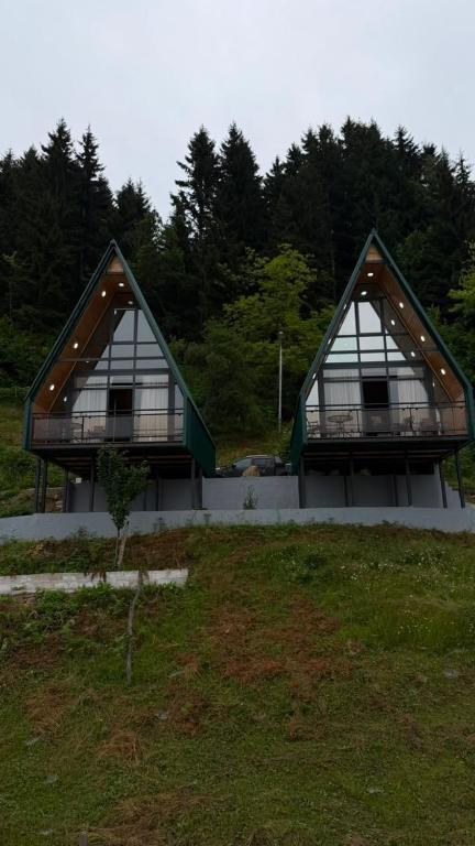 a building with two large windows in a field at Panorama Cottages Tbeti in Shuakhevi