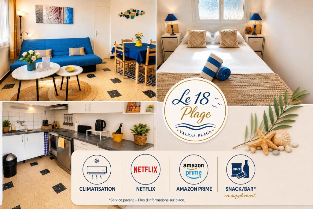 a collage of photos of a bedroom and a living room at Le 18 plage in Valras-Plage