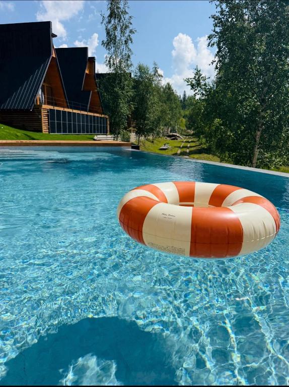 a swimming pool with an orange and white raft in the water at Dilok Hills in Mykulychyn