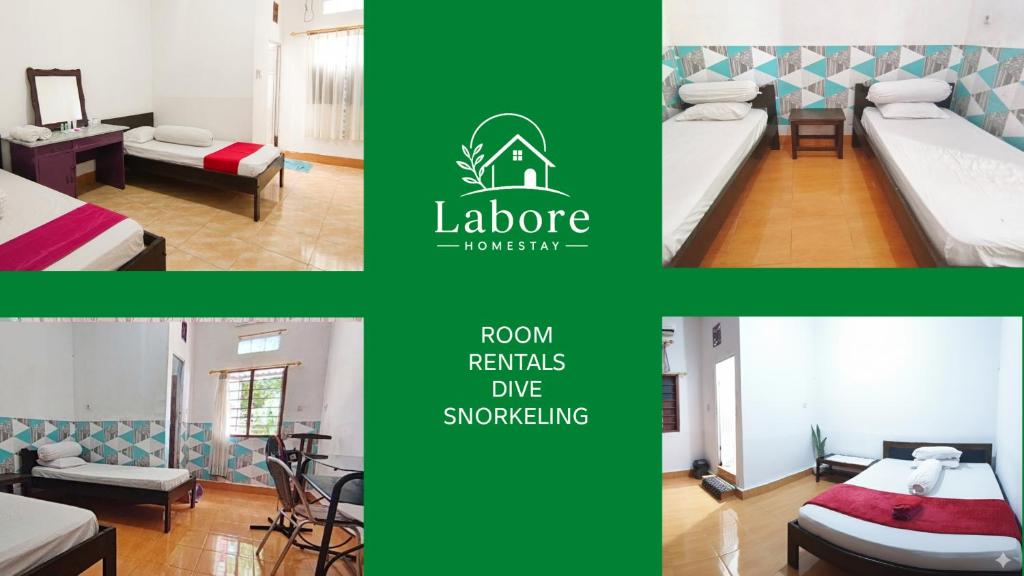 a collage of four pictures of a room with beds at Labore Homestay in Waha