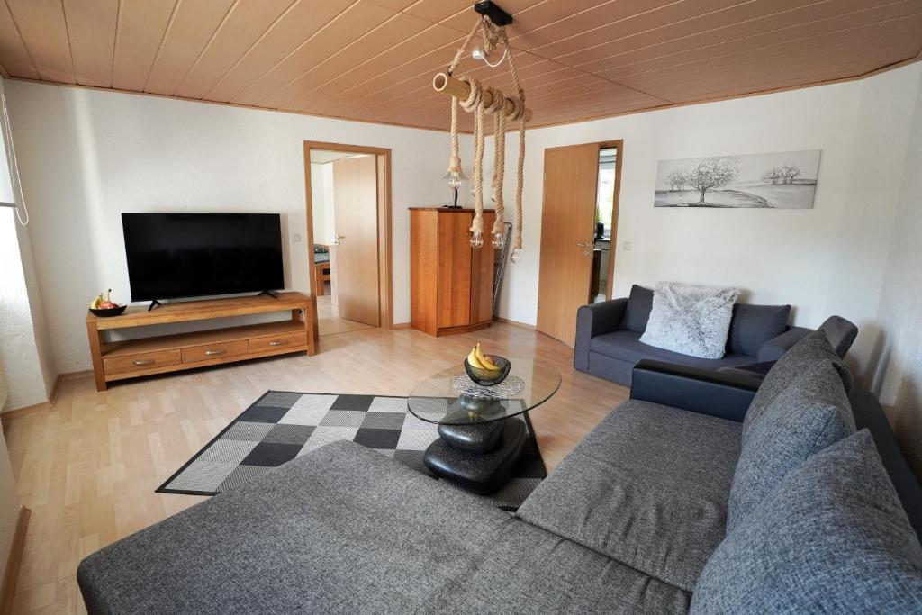 a living room with a couch and a tv at IBS Wohnen in Windischeschenbach