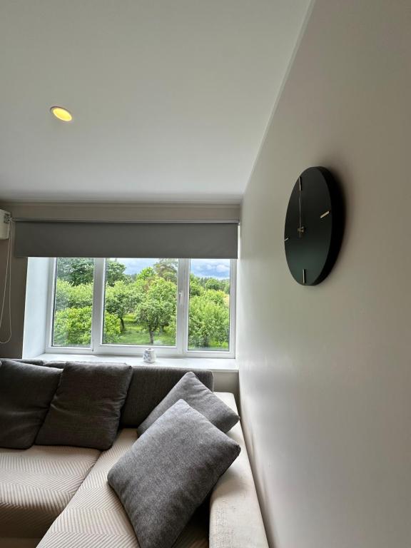 a living room with a couch and a clock on the wall at Laitselossi tee Apartment in Laitse