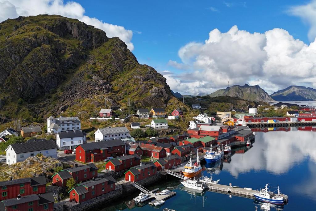 an aerial view of a small town on the water at The traditional Burekka 17 - Lofoten in Stamsund