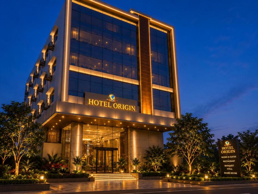 a building with a hotel queen sign in front of it at Hotel ORIGIN Hyderabad Airport in Hyderabad