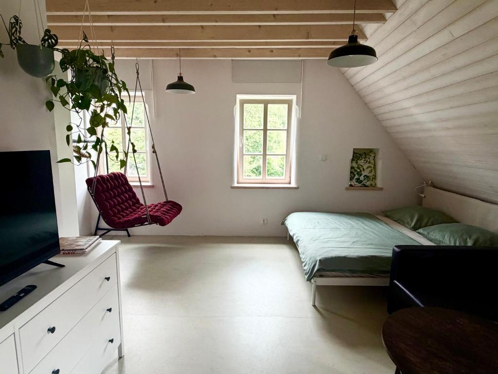 a bedroom with a bed and a tv and a window at Domek Kavalírek in Lipova Lazne