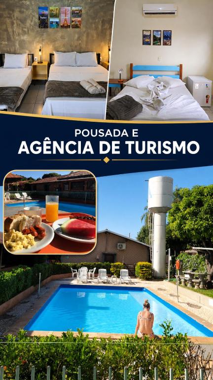 a collage of two pictures of a hotel with a pool at Bonito HI Hostel e Pousada in Bonito