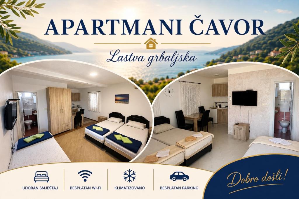 a collage of a hotel room with two beds at Apartmani Čavor in Budva