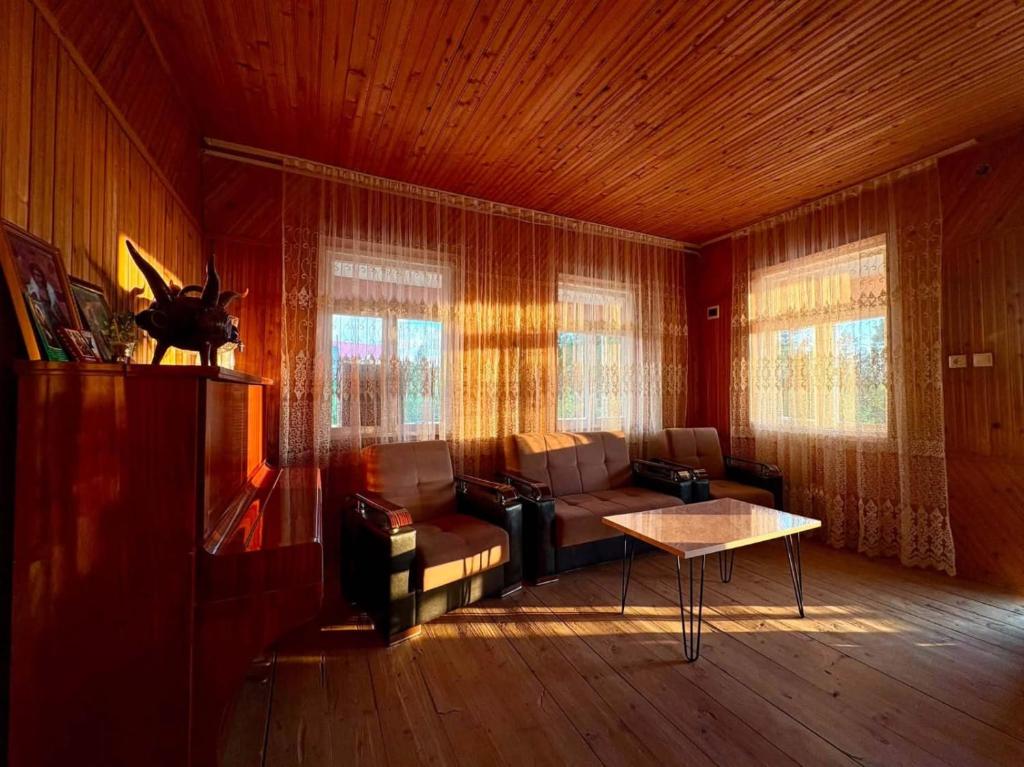 a living room with a couch and a table at Mamuka's Villa in Tsqaltsminda