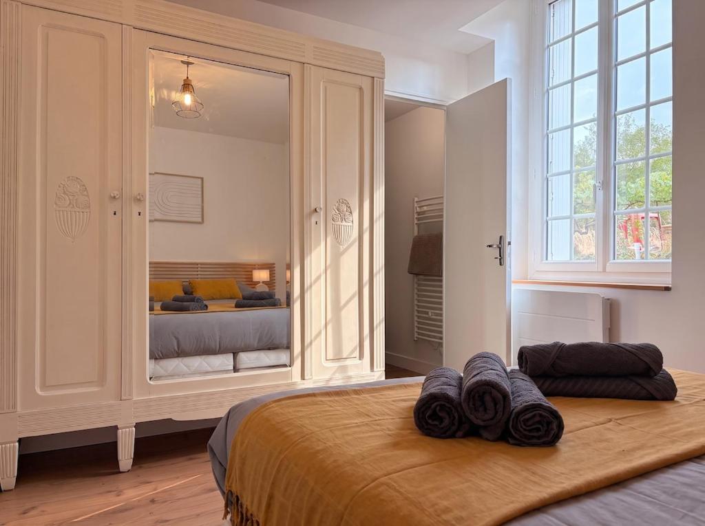 a bedroom with a large bed with a large mirror at Le Clos des Douves - Jardin privatif - Ingrandes in Ingrandes