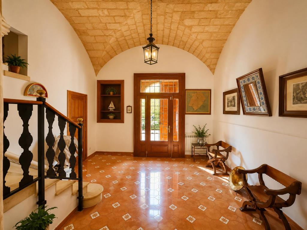 a living room with a staircase and a ceiling at Sa Torre - Casa Mallorquina con encanto in Campos