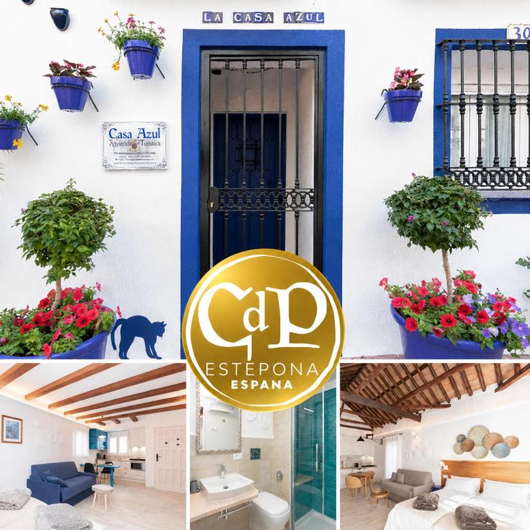 a collage of photos of a building with a c siestaropuna sign at CASA AZUL - Boutique Apartments by Casa del Patio in Estepona