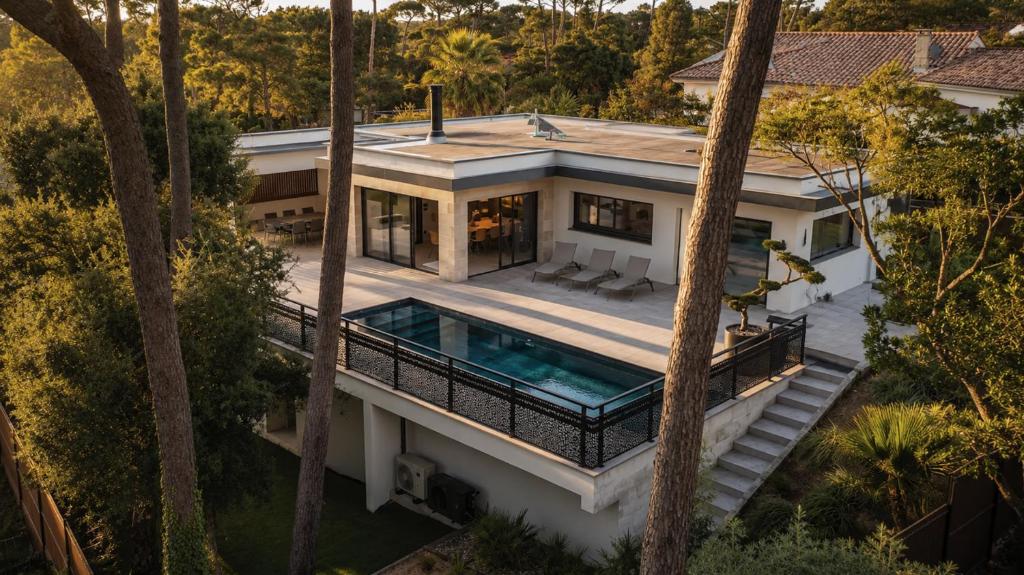 an aerial view of a house with a swimming pool at Villa Aréna à Labenne-Océan in Labenne