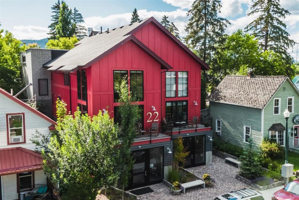 a red house in the middle of a city at Lupfer Unit D in Whitefish