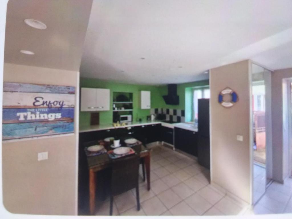 a kitchen with green walls and a table in a room at Maison rollet in Aix-les-Bains