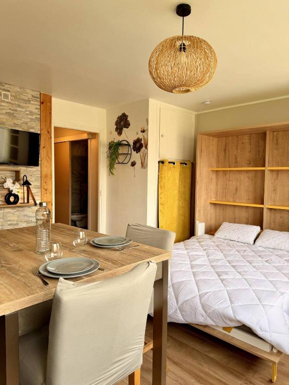 a bedroom with a bed and a table and chairs at Studio neuf parking proche centre-ville in Chambéry