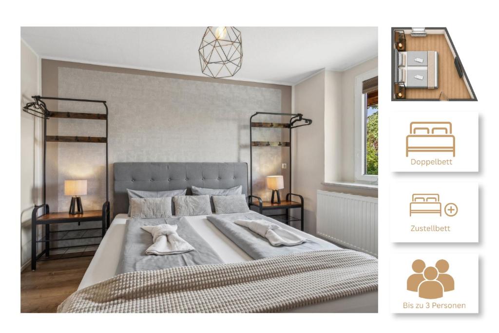 a bedroom with a large bed with two night stands at Bergblick - Wasserlage - Parkplatz - Harzduft in Thale