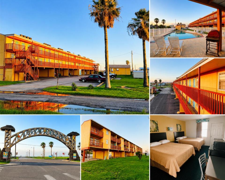 a collage of pictures with buildings and a palm tree at ORO North Beach Inn in Corpus Christi